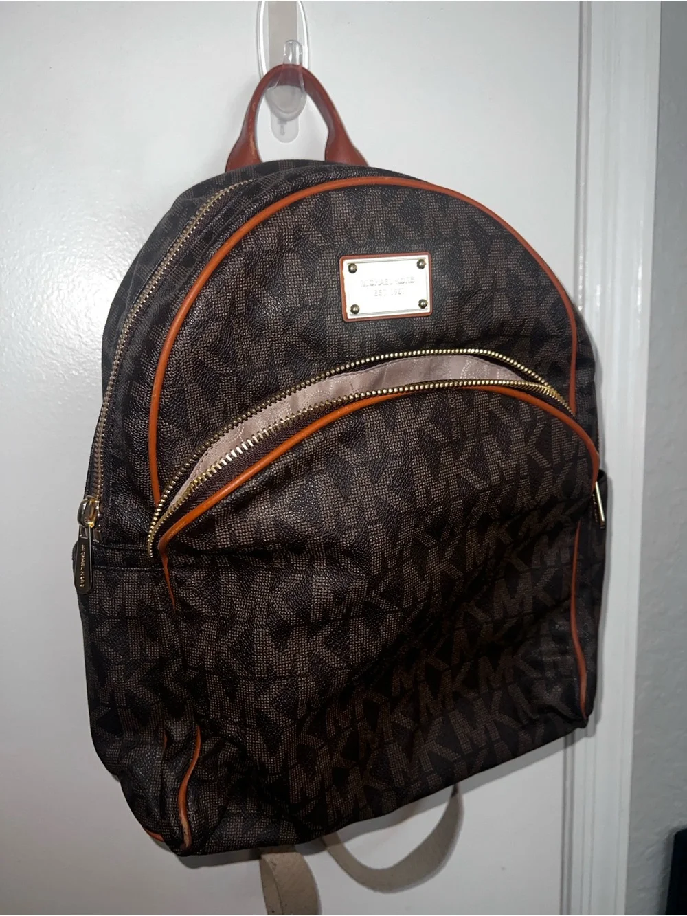 Michael Kors Brown MK Monogram Backpack with Tan Trim